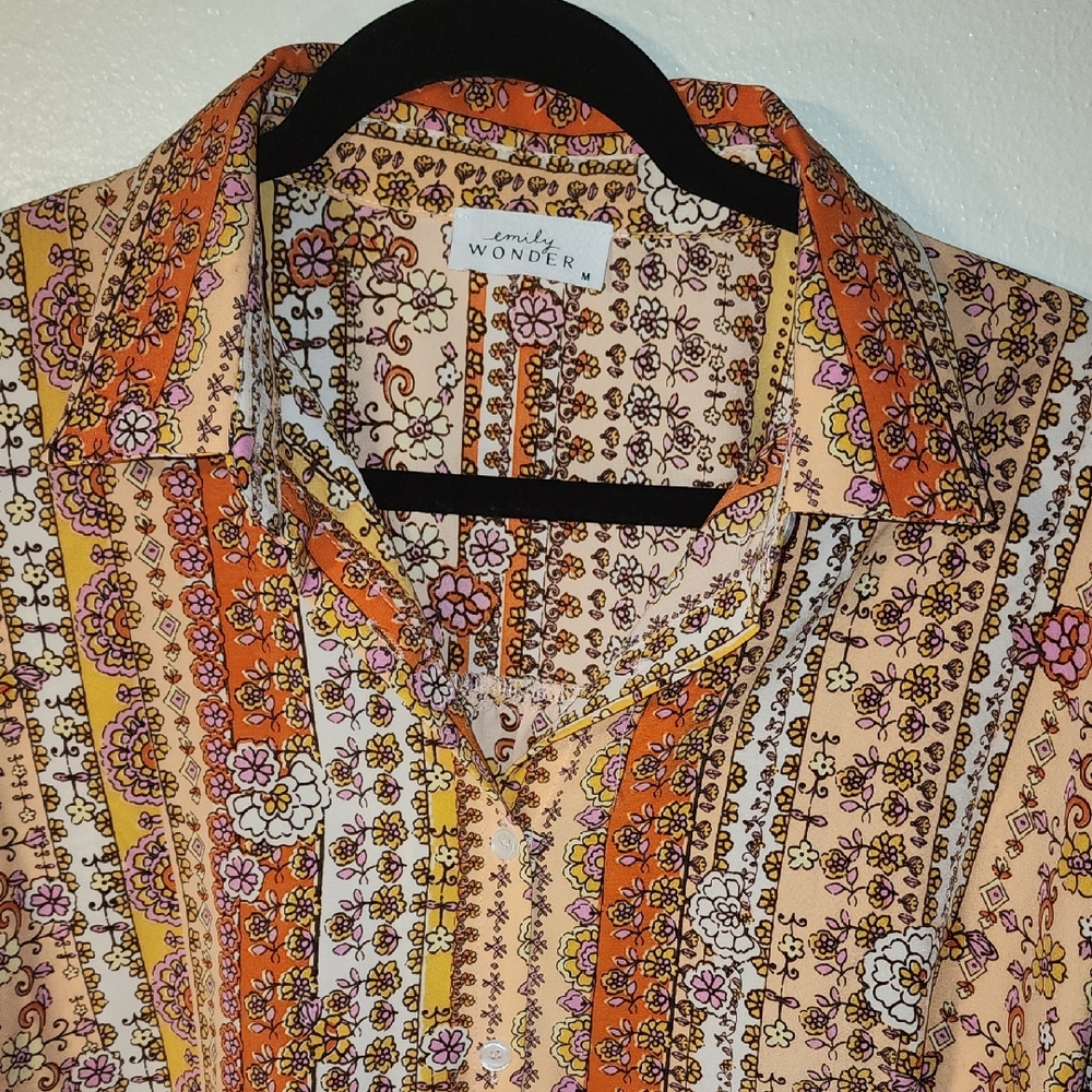 Orange and Brown Retro Blouse with Geometric Stripes